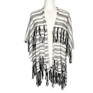 Melrose and Market Black White Crocheted Poncho Shawl with Fringe One Size